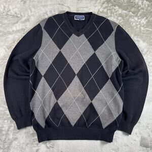 Club Room Argyle Sweater Mens Medium Navy Gray V-Neck Pima Cotton Classic